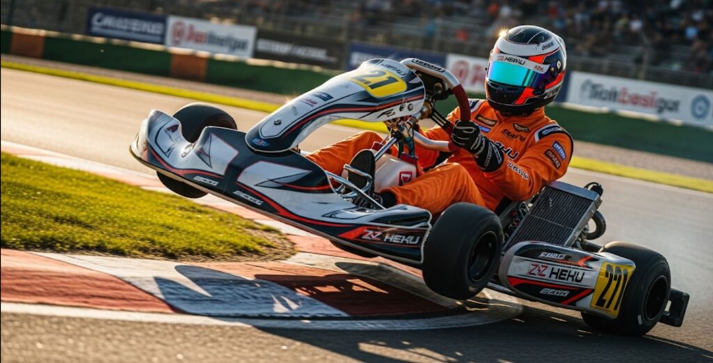 Como ser piloto de carreras: Piloto joven compitiendo en un kart de carreras en un circuito profesional.