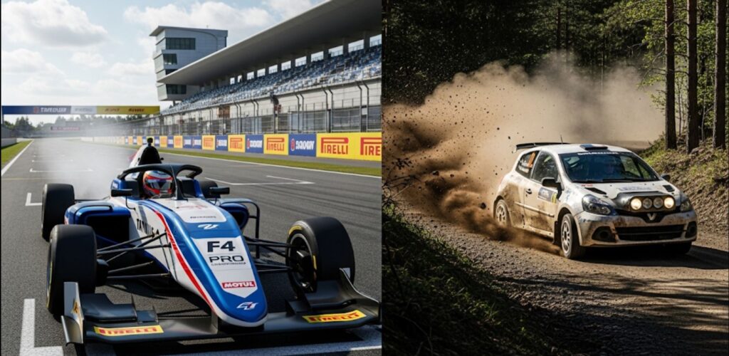 Quiero Ser Piloto de Carreras: Comparativa entre un coche de Fórmula 4 en circuito y un Renault Clio de rally en un tramo de tierra.